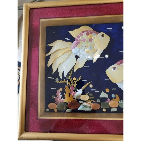 Exquisite Japanese Mother of Pearl Seashell Goldfish Art Framed Handmade 16X12in - Picture 7 of 8